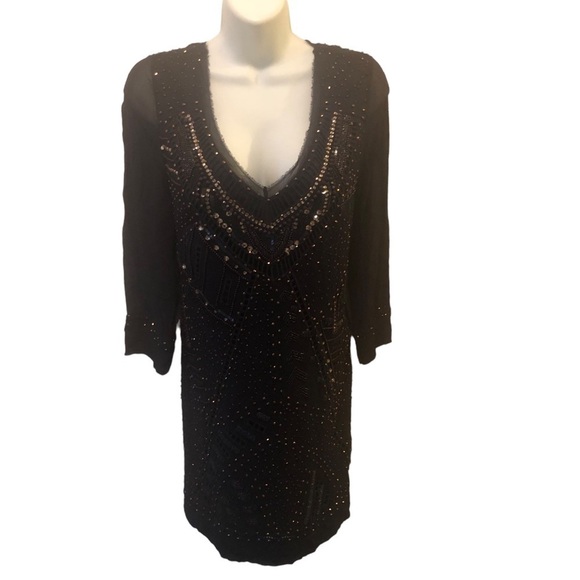 French Connection Beaded Shift Dress Sheer Back Navy Blue Size 8 Party E… - Picture 3 of 11